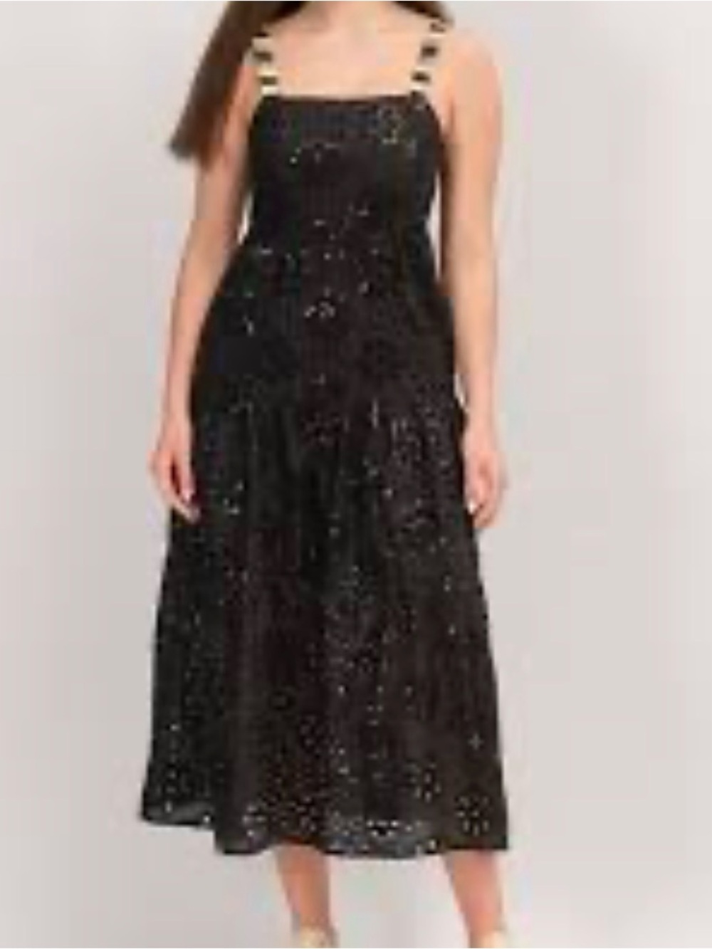 Desigual Black Eyelet Sequin Leah Midi Dress with Striped Straps Sz L US 10 - Picture 4 of 16